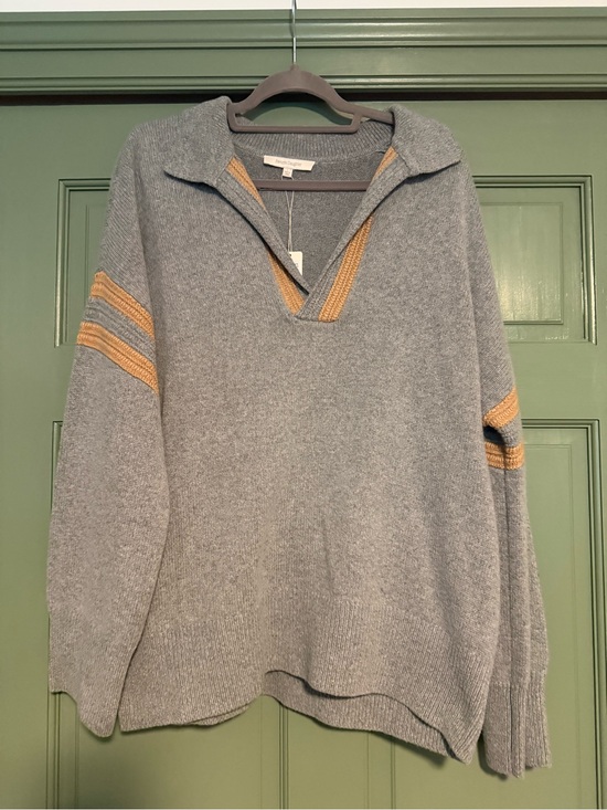 Favorite Daughter Sweaters - Favorite Daughter Grey V-Neck Sweater with Tan Stripe Accents